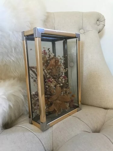1 ⚜️ Ancien Vitrine Rectangulaire en Laiton Fleurs Séchées Vintage Authentique
