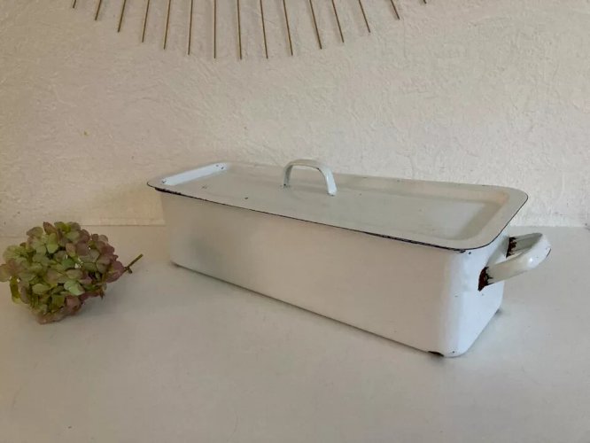 1 ⚜️ Ancienne Poissonnière Tôle Émaillée Blanche Poisson Plat Cuisine Vintage