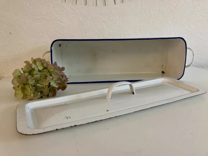 1 ⚜️ Ancienne Poissonnière Tôle Émaillée Blanche Poisson Plat Cuisine Vintage