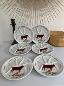 1024⚜️ 6 Burgundy Fondue Plates in Porcelain L'hirondelle Diameter 24 Cm