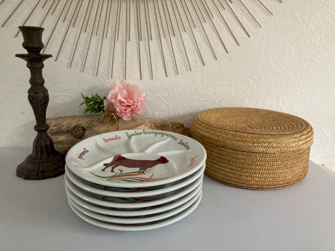 1024⚜️ 6 Assiettes à Fondue Bourguignonne en Porcelaine L'hirondelle Diam 24 Cm