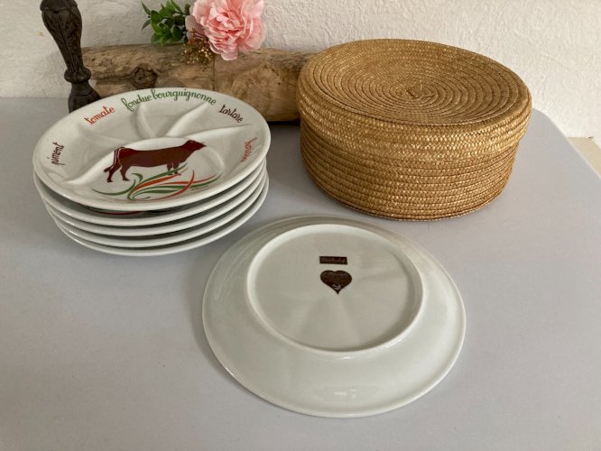 1024⚜️ 6 Assiettes à Fondue Bourguignonne en Porcelaine L'hirondelle Diam 24 Cm