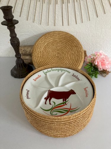 1024⚜️ 6 Assiettes à Fondue Bourguignonne en Porcelaine L'hirondelle Diam 24 Cm