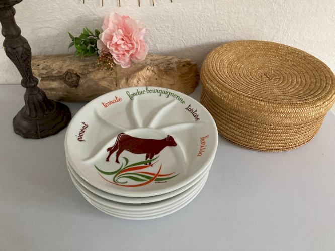 1024⚜️ 6 Assiettes à Fondue Bourguignonne en Porcelaine L'hirondelle Diam 24 Cm