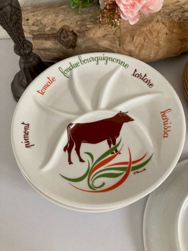 1024⚜️ 6 Assiettes à Fondue Bourguignonne en Porcelaine L'hirondelle Diam 24 Cm