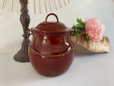 1024⚜️ Vintage Enamelled Steel Small Pot Bowl Height 15 Cm