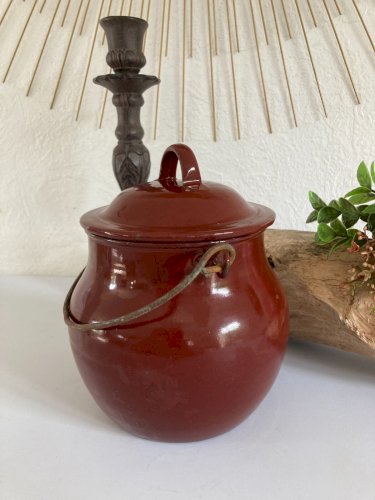 1024⚜️ Ancien Petit Pot Gamelle Marmite en Tôle Émaillée Vintage Hauteur 15 Cm