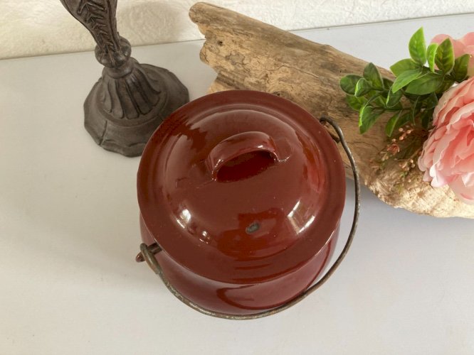 1024⚜️ Ancien Petit Pot Gamelle Marmite en Tôle Émaillée Vintage Hauteur 15 Cm