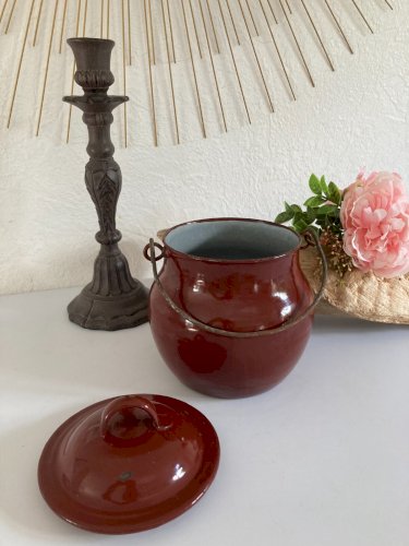 1024⚜️ Ancien Petit Pot Gamelle Marmite en Tôle Émaillée Vintage Hauteur 15 Cm