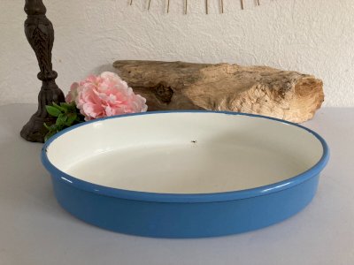 1024⚜️ Vintage Blue Enamel Oval Baking Dish Length 33 Cm