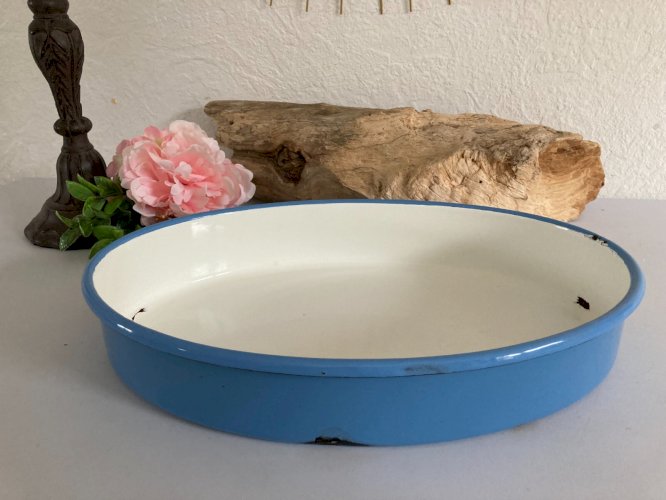 1024⚜️ Ancien Plat à Four Ovale en Tôle Émaillé Bleu Vintage Longueur 33 Cm