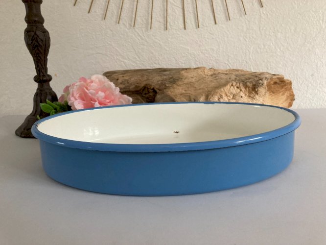 1024⚜️ Ancien Plat à Four Ovale en Tôle Émaillé Bleu Vintage Longueur 33 Cm