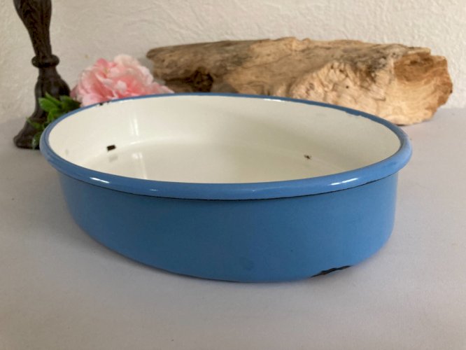1024⚜️ Ancien Plat à Four Ovale en Tôle Émaillé Bleu Vintage Longueur 33 Cm