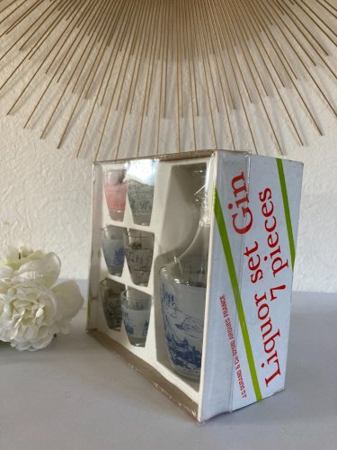 1024⚜️ Ancien Service à Liqueur Carafe et Verres 7 Pièces Gin Vintage