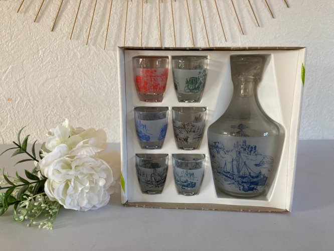 1024⚜️ Ancien Service à Liqueur Carafe et Verres 7 Pièces Gin Vintage