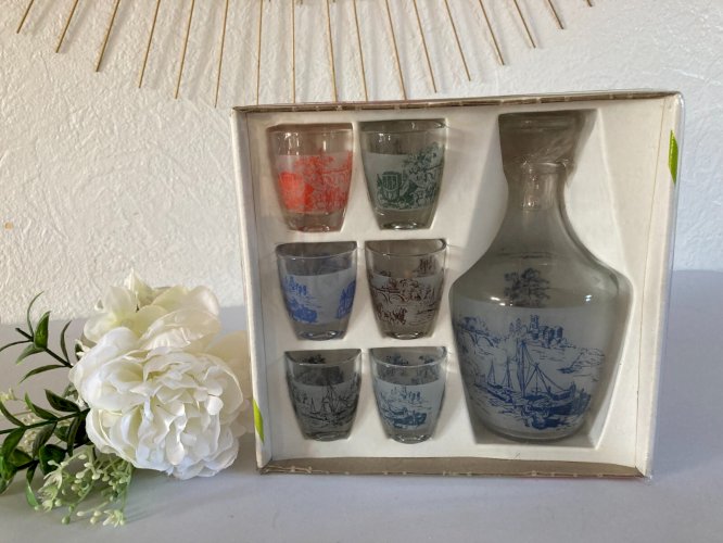 1024⚜️ Ancien Service à Liqueur Carafe et Verres 7 Pièces Gin Vintage