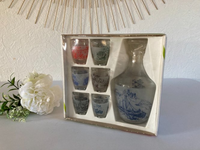 1024⚜️ Ancien Service à Liqueur Carafe et Verres 7 Pièces Gin Vintage