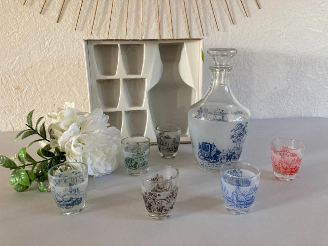 1024⚜️ Ancien Service à Liqueur Carafe et Verres 7 Pièces Gin Vintage