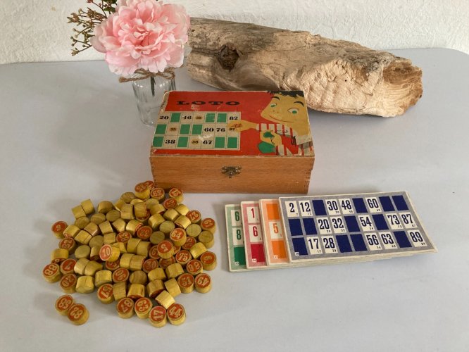 1024⚜️ Ancienne Boite en Bois Jeu de Société Le Loto Jeujura Complet