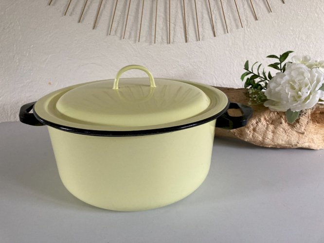 1024⚜️ Ancienne Cocotte, Faitout, Marmite en Tôle Émaillée Jaune Vintage