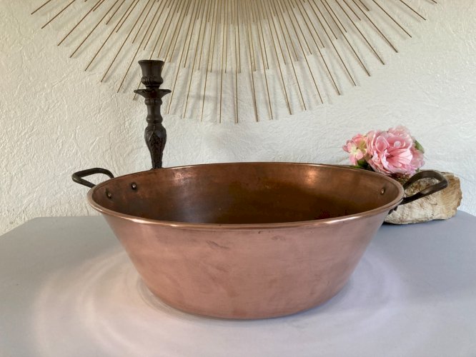 1024⚜️ Ancienne Grande Bassine à Confiture Marmite en Cuivre Diamètre 38 Cm
