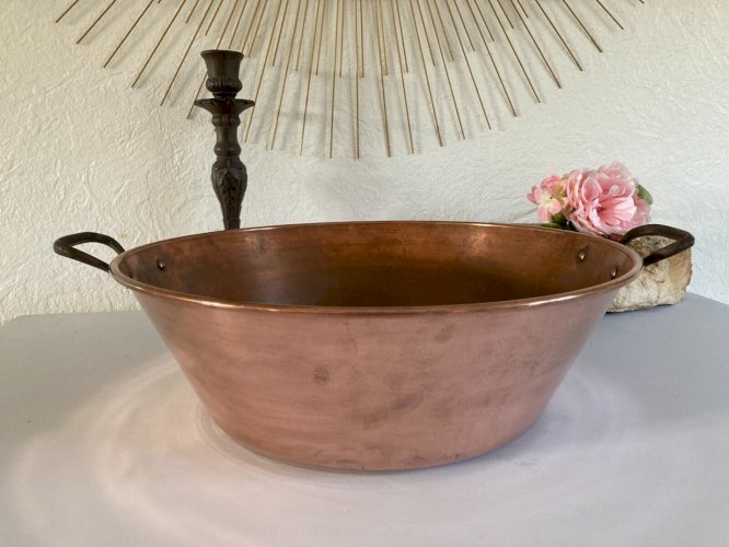 1024⚜️ Ancienne Grande Bassine à Confiture Marmite en Cuivre Diamètre 38 Cm