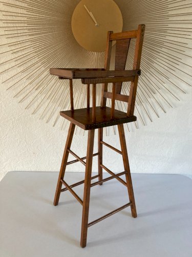 1024⚜️ Jouet Ancienne Chaise Haute Artisanale De Poupée en Bois Vintage H 63 Cm
