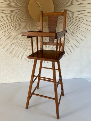 1024⚜️ Jouet Ancienne Chaise Haute Artisanale De Poupée en Bois Vintage H 63 Cm