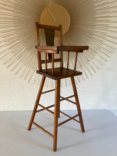 1024⚜️ Jouet Ancienne Chaise Haute Artisanale De Poupée en Bois Vintage H 63 Cm