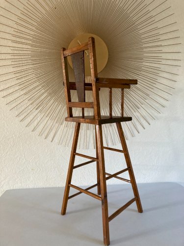 1024⚜️ Jouet Ancienne Chaise Haute Artisanale De Poupée en Bois Vintage H 63 Cm