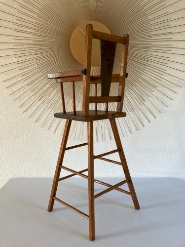 1024⚜️ Jouet Ancienne Chaise Haute Artisanale De Poupée en Bois Vintage H 63 Cm