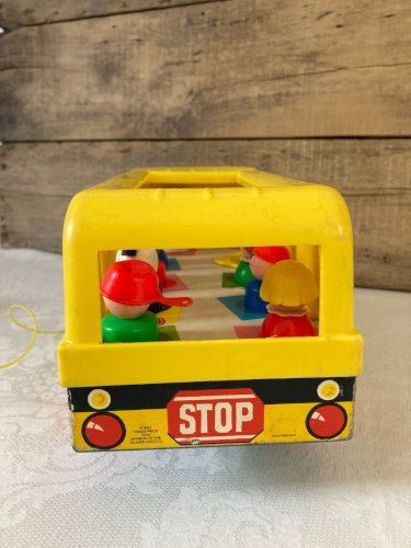 1025⚜️ Ancien Bus Jaune Fisher Price Toys Réf 192 Vintage 7 Figurines Année 1965