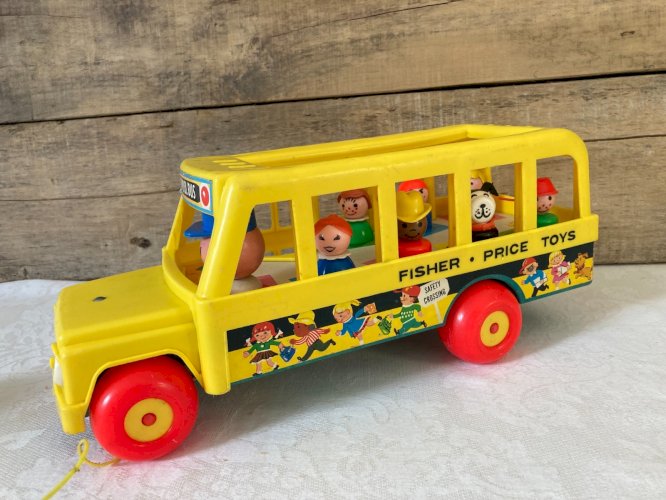 1025⚜️ Ancien Bus Jaune Fisher Price Toys Réf 192 Vintage 7 Figurines Année 1965