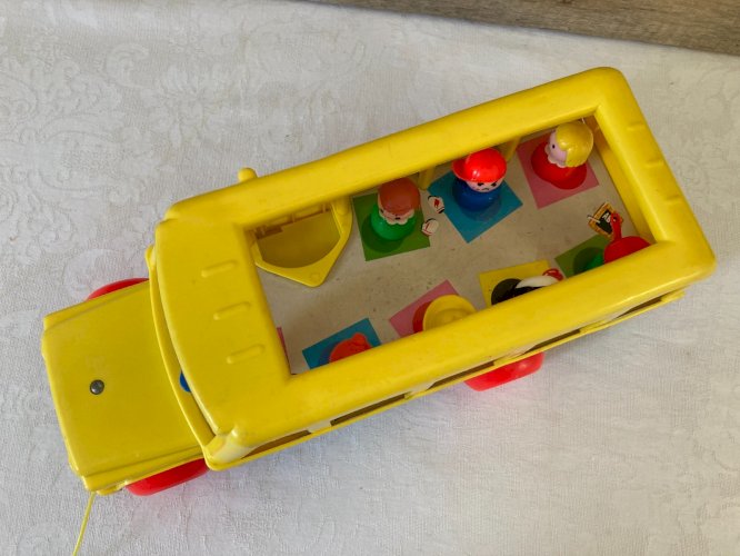 1025⚜️ Ancien Bus Jaune Fisher Price Toys Réf 192 Vintage 7 Figurines Année 1965