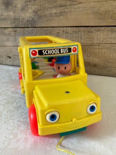 1025⚜️ Ancien Bus Jaune Fisher Price Toys Réf 192 Vintage 7 Figurines Année 1965