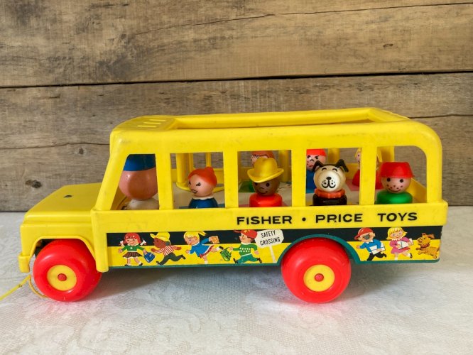 1025⚜️ Ancien Bus Jaune Fisher Price Toys Réf 192 Vintage 7 Figurines Année 1965
