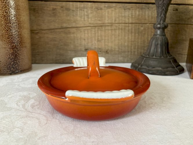 1025⚜️ Ancien Plat à Gratin Rond Orange Vintage Diamètre 13 Cm Style Le Creuset