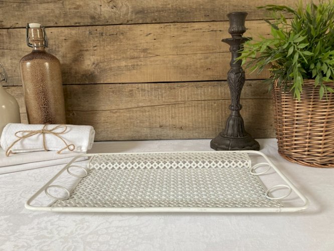 1025⚜️ Ancien Plateau de Service Mathieu Mategot Métal Blanc Vintage Long 39 Cm