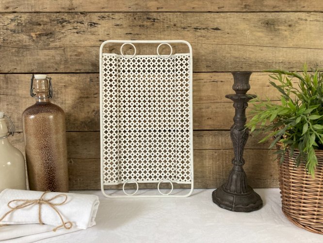 1025⚜️ Ancien Plateau de Service Mathieu Mategot Métal Blanc Vintage Long 39 Cm