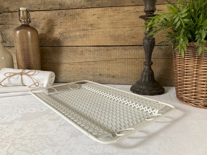 1025⚜️ Ancien Plateau de Service Mathieu Mategot Métal Blanc Vintage Long 39 Cm