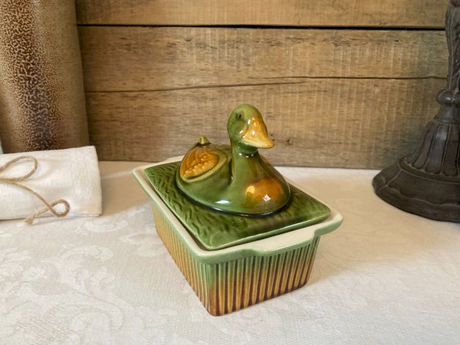 1025⚜️ Ancien Pot à Terrine Rectangle en Forme de Canard en Céramique