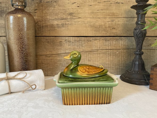 1025⚜️ Ancien Pot à Terrine Rectangle en Forme de Canard en Céramique