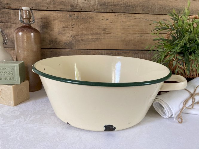1025⚜️ Ancienne Grande Bassine Emaillée Jaune Liseré Vert Ø 37 Cm