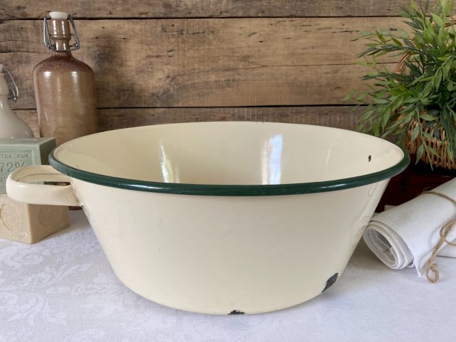 1025⚜️ Ancienne Grande Bassine Emaillée Jaune Liseré Vert Ø 37 Cm
