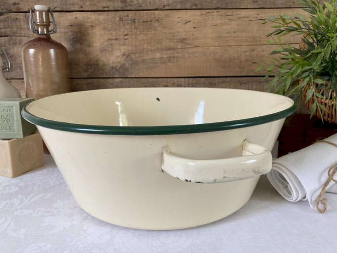 1025⚜️ Ancienne Grande Bassine Emaillée Jaune Liseré Vert Ø 37 Cm