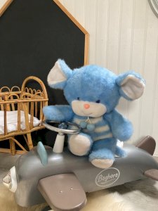 1025⚜️ Ancienne Peluche Doudou Souris Bleu Ajena Made In France Hauteur 35 Cm