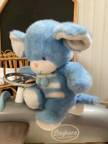 1025⚜️ Ancienne Peluche Doudou Souris Bleu Ajena Made In France Hauteur 35 Cm