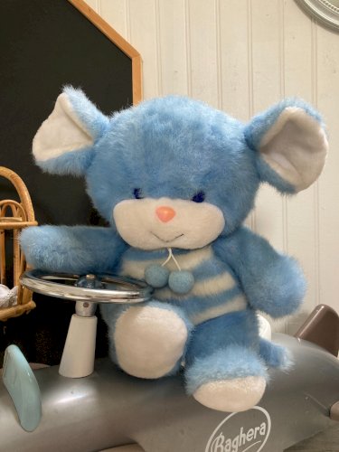 1025⚜️ Ancienne Peluche Doudou Souris Bleu Ajena Made In France Hauteur 35 Cm