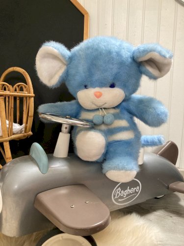 1025⚜️ Ancienne Peluche Doudou Souris Bleu Ajena Made In France Hauteur 35 Cm