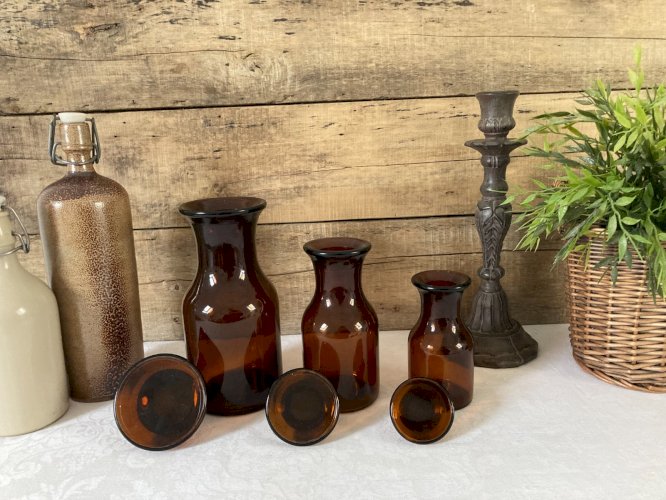 1025⚜️ Déco Lot de Trois Anciens Pots Décoratif Apothicaire Ambré Vintage